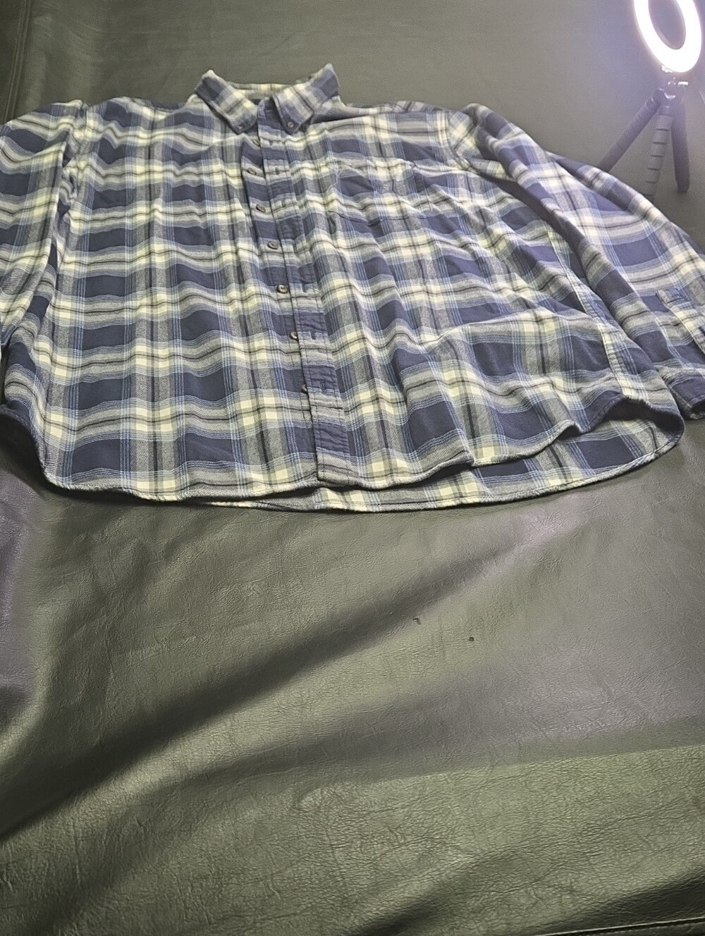 Eddie Bauer Navy Blue and White Plaid Button-Up Shirt